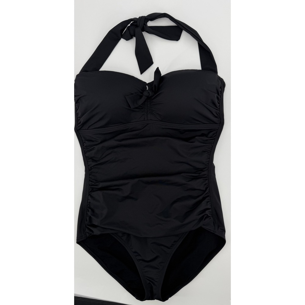 Tommy Bahama Pearl Shirred Halter One Piece Swimsuit Black Ruched Sweetheart M